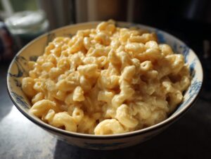 A bowl of creamy 3 ingredient stovetop mac and cheese, featuring elbow macaroni coated in a rich cheese sauce.