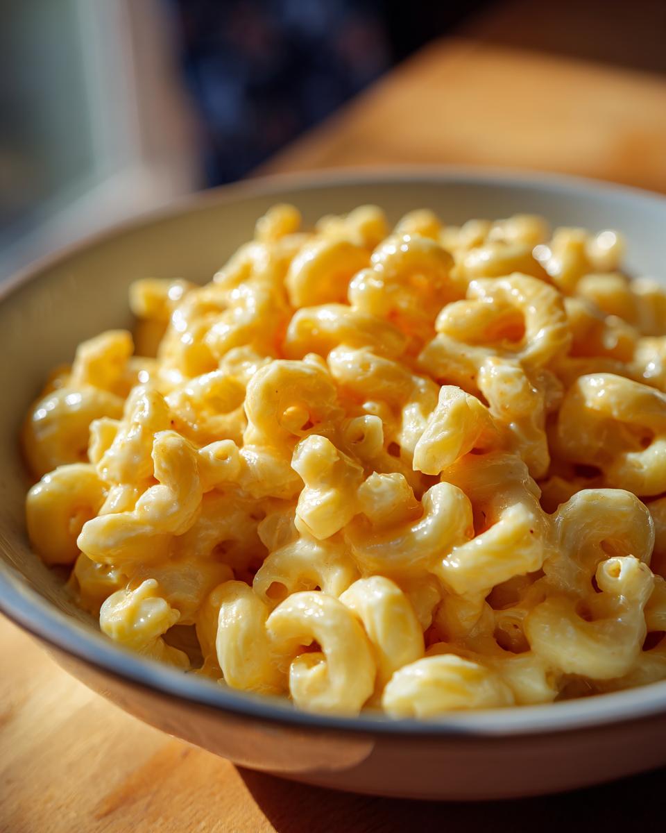 Close-up of a bowl filled with creamy 3 ingredient stovetop mac and cheese.