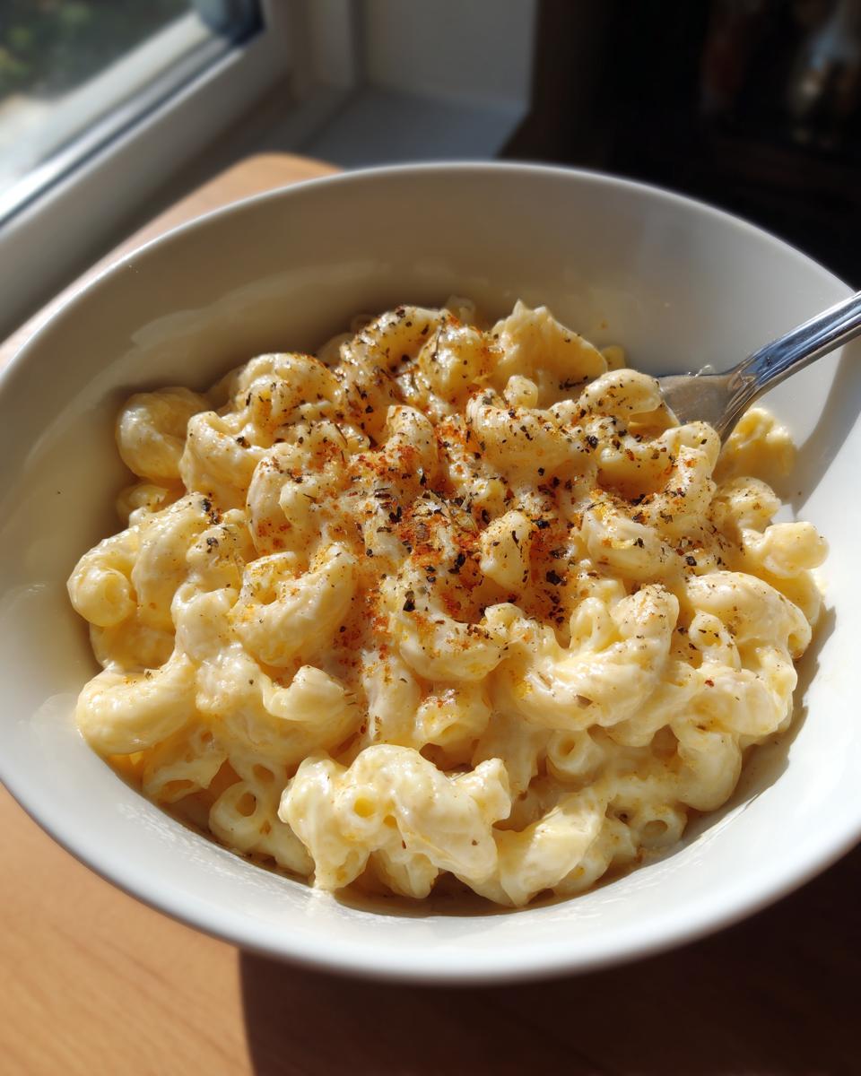 A close-up of creamy 3 ingredient stovetop mac and cheese in a white bowl, topped with pepper and paprika.