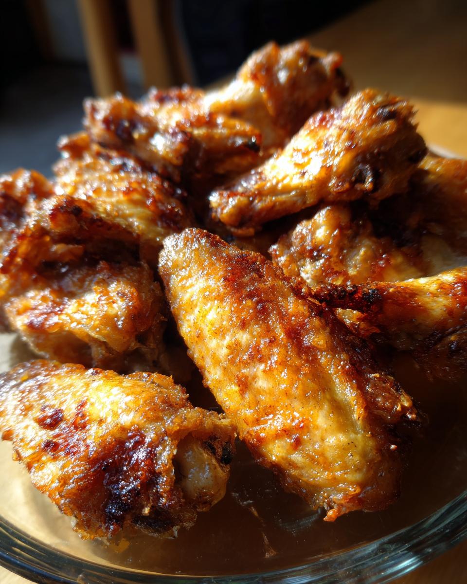 A close-up, overhead view of a pile of golden-brown, crispy air fryer chicken wings.