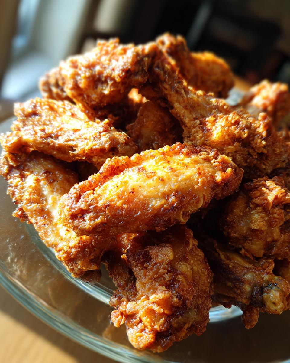 A close-up, top-down view of a pile of golden-brown, crispy Air Fryer Chicken Wings in a glass bowl.