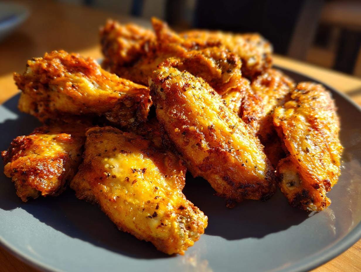 A close-up of golden brown, crispy air fryer chicken wings seasoned with spices, piled on a dark gray plate.