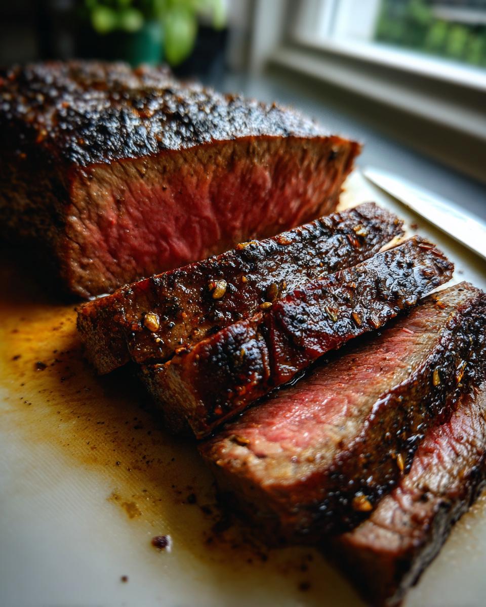 Close-up of perfectly cooked Alton Brown London broil, sliced to reveal a juicy medium-rare interior and a flavorful crust.