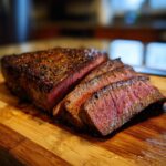 Close-up of a perfectly cooked Alton Brown London broil, sliced and resting on a wooden cutting board.