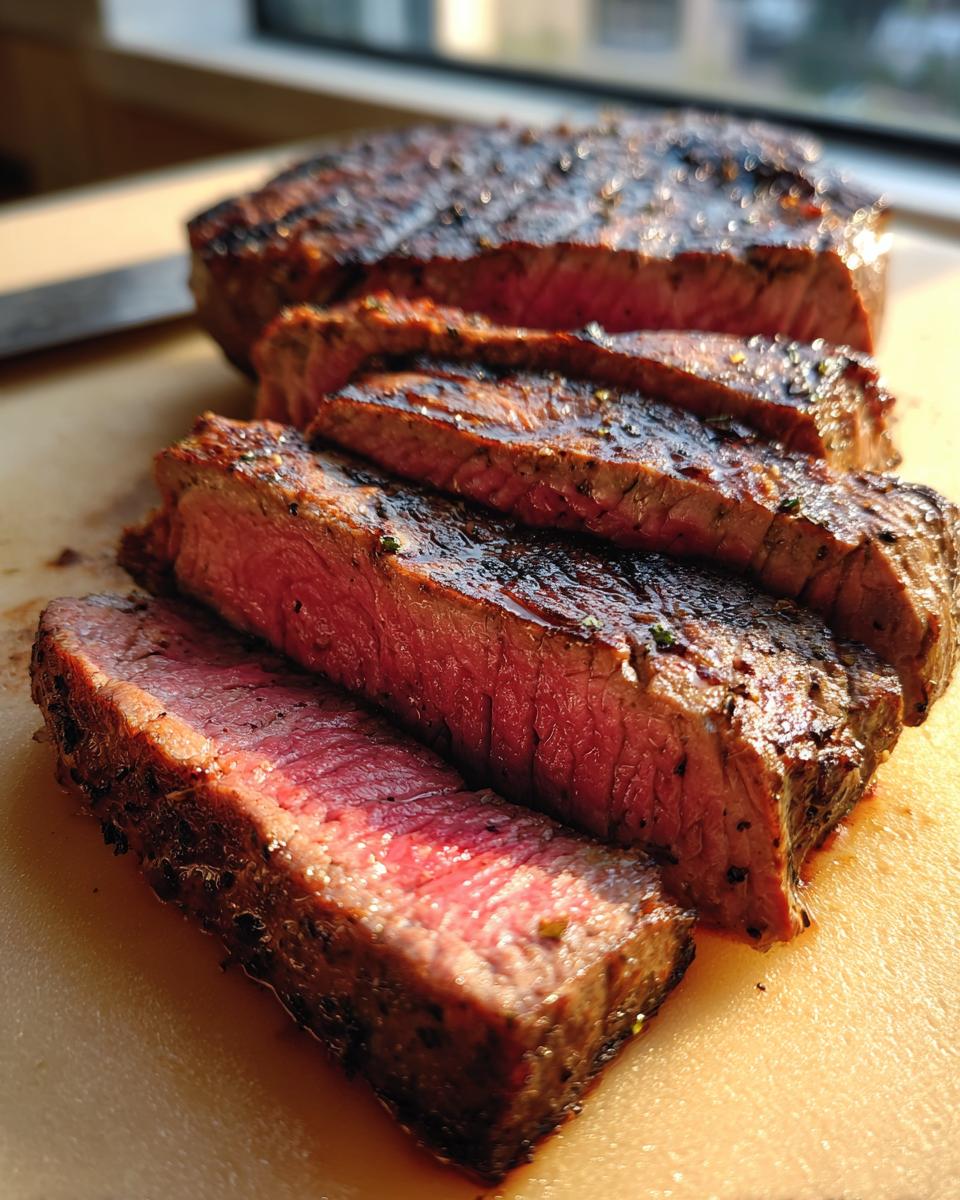 Close-up of a perfectly cooked Alton Brown London broil, sliced to reveal a juicy pink interior.