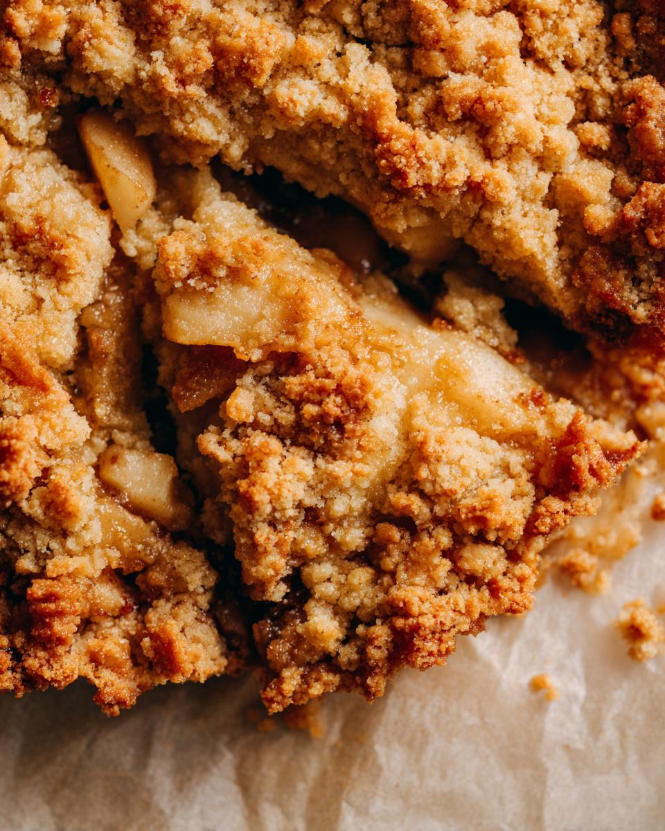 A close-up view of a freshly baked apple crumble, showing the golden brown, crumbly topping and tender apple filling.