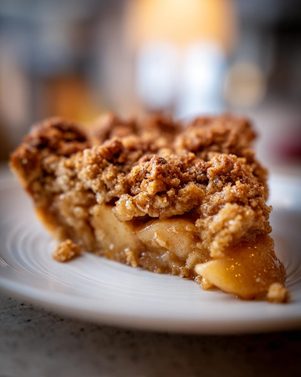 A close-up of a delicious slice of apple crumble on a white plate, showing the tender apple filling and crumbly topping.