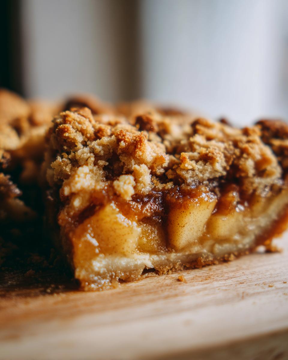 Close-up of a slice of apple crumble showing tender baked apples and a golden, crumbly topping.