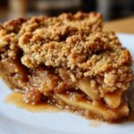 A close-up of a generous slice of apple crumble, showcasing tender baked apples and a golden, crumbly topping.