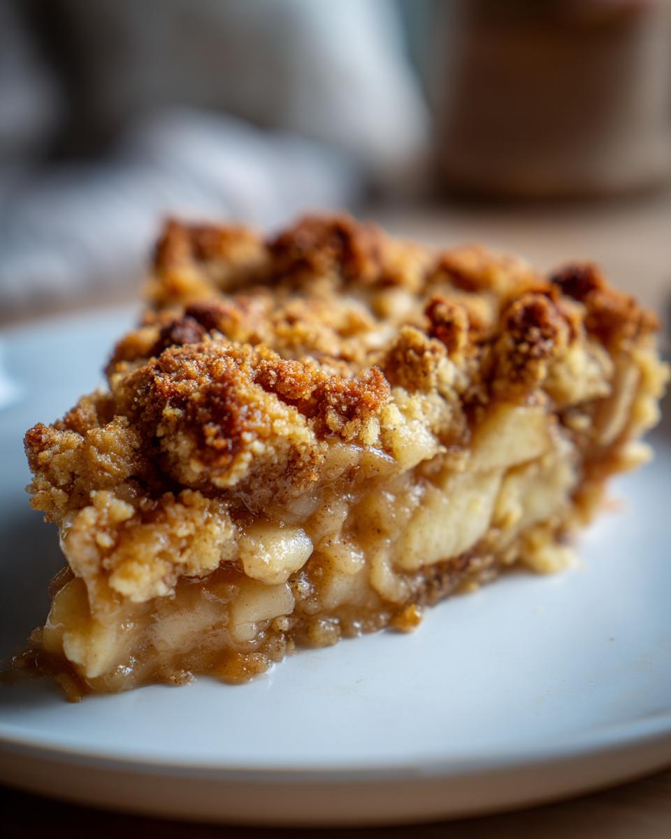 A close-up, detailed view of a slice of warm apple crumble on a white plate.