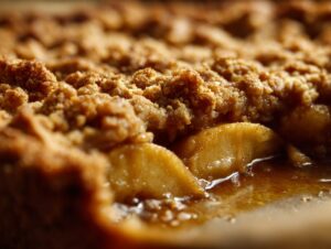 A close-up shot of a warm apple crumble, showing tender baked apples beneath a golden, crumbly topping.