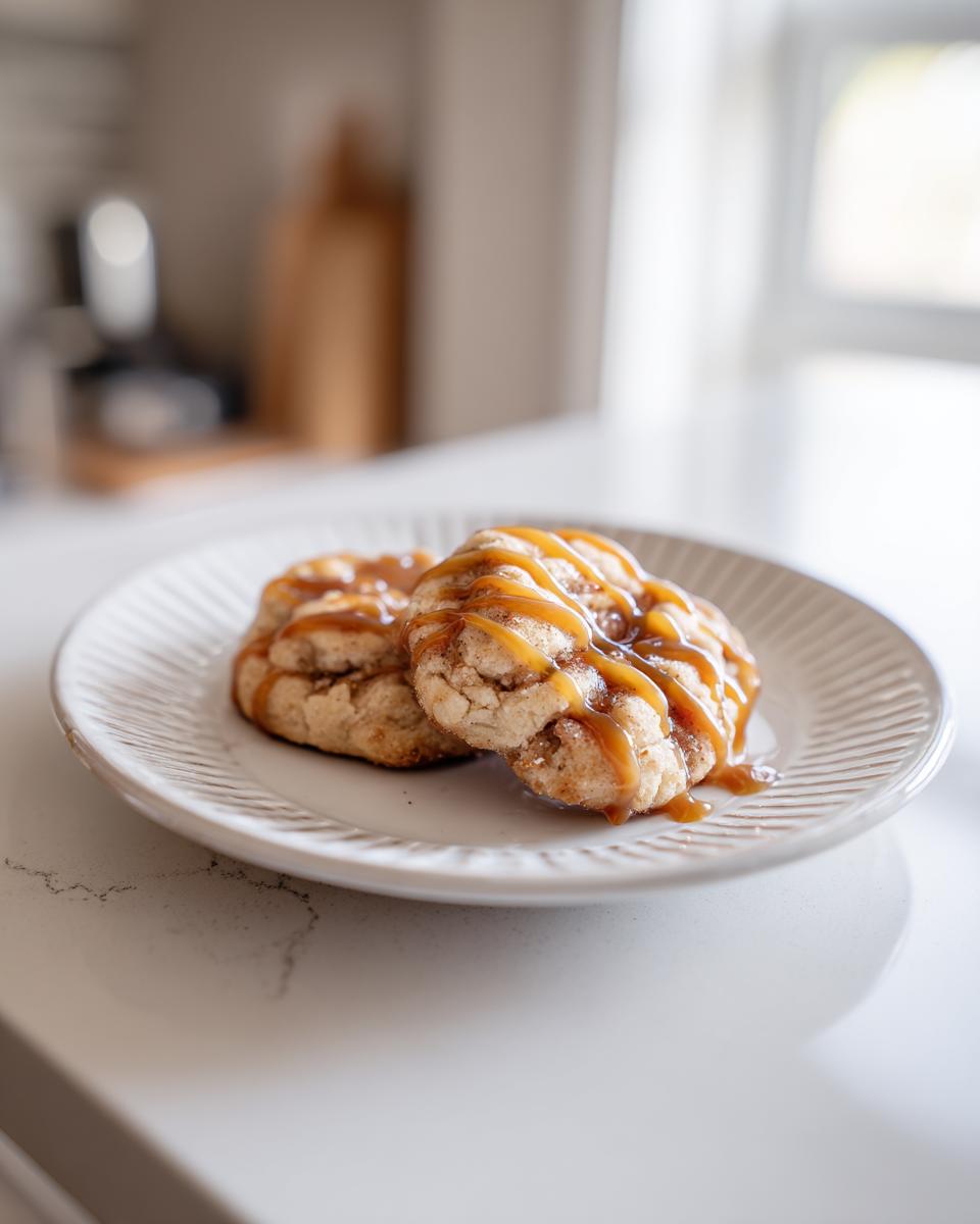 Two apple pie cookies on a white plate, drizzled with caramel sauce.
