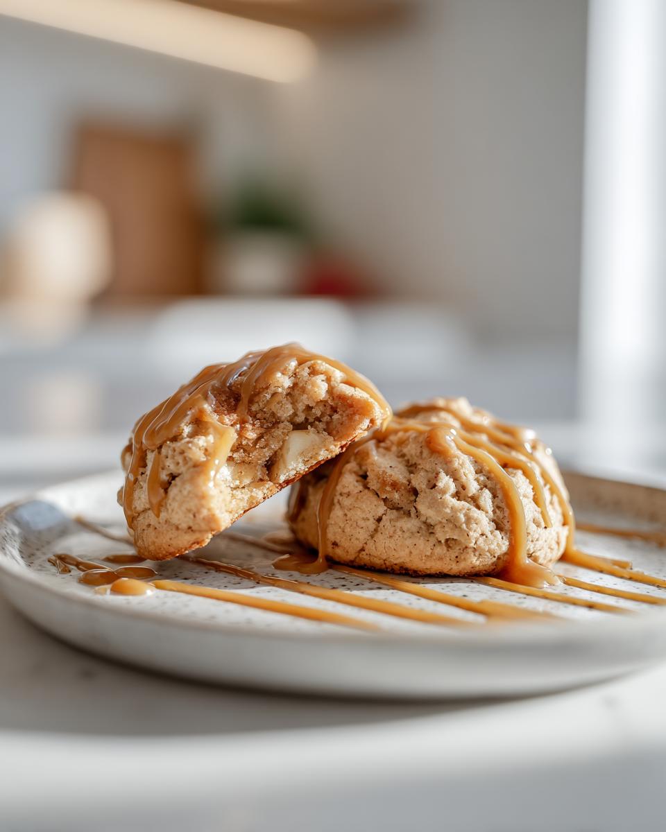 Two apple pie cookies on a plate, one halved to show the interior, drizzled with caramel.