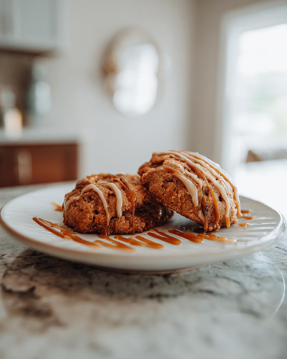 Two golden brown apple pie cookies drizzled with caramel sauce on a white plate.