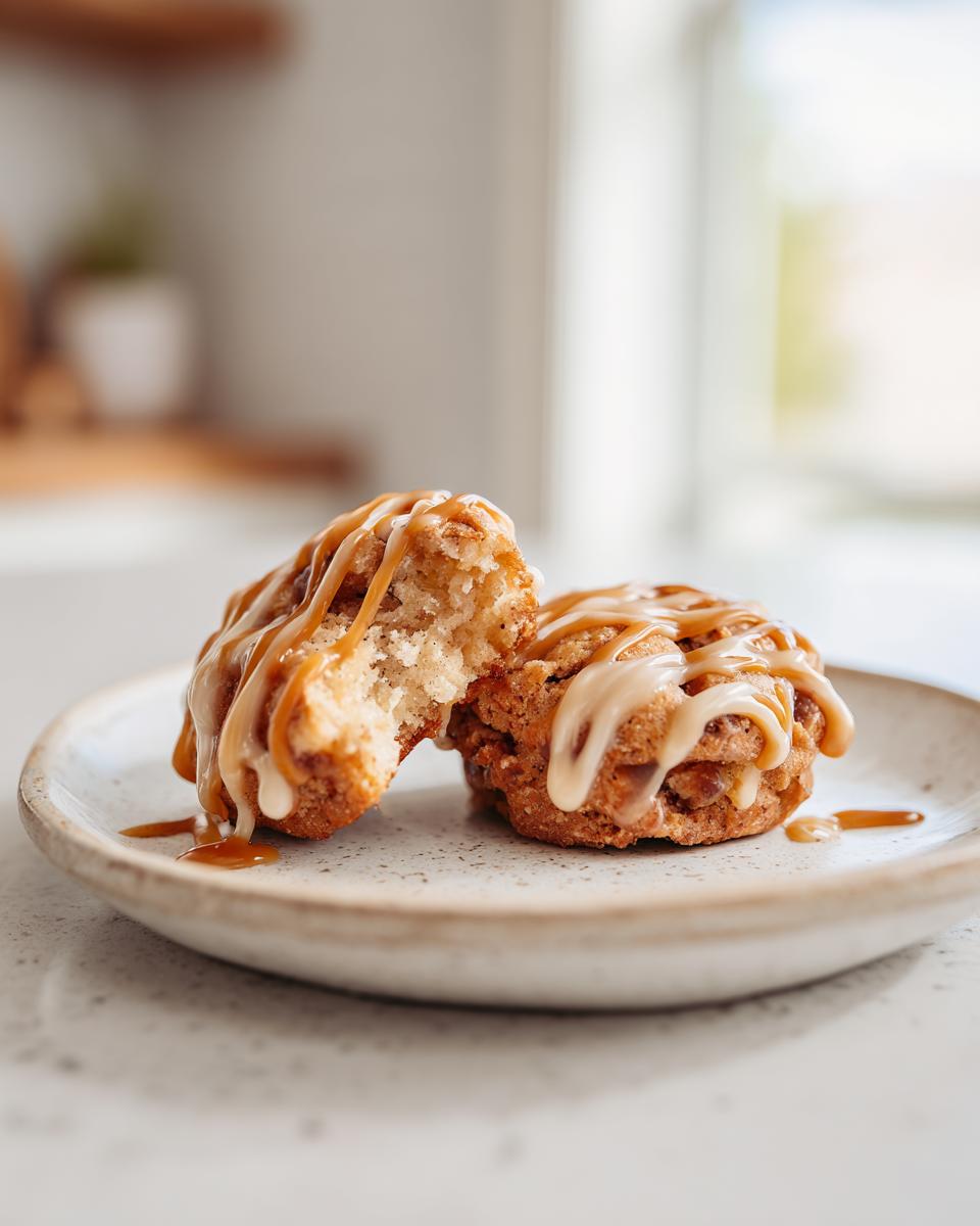 Close-up of two apple pie cookies on a plate, one broken in half, drizzled with caramel sauce.