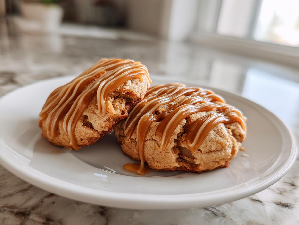 Two delicious apple pie cookies drizzled with caramel sauce on a white plate.