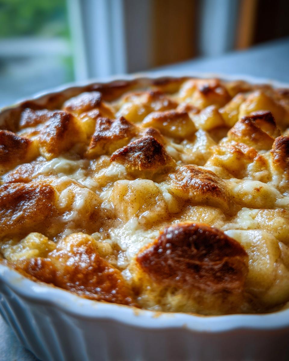 Close-up of a golden brown apple pie dump cake with a bubbly, creamy topping in a white baking dish.