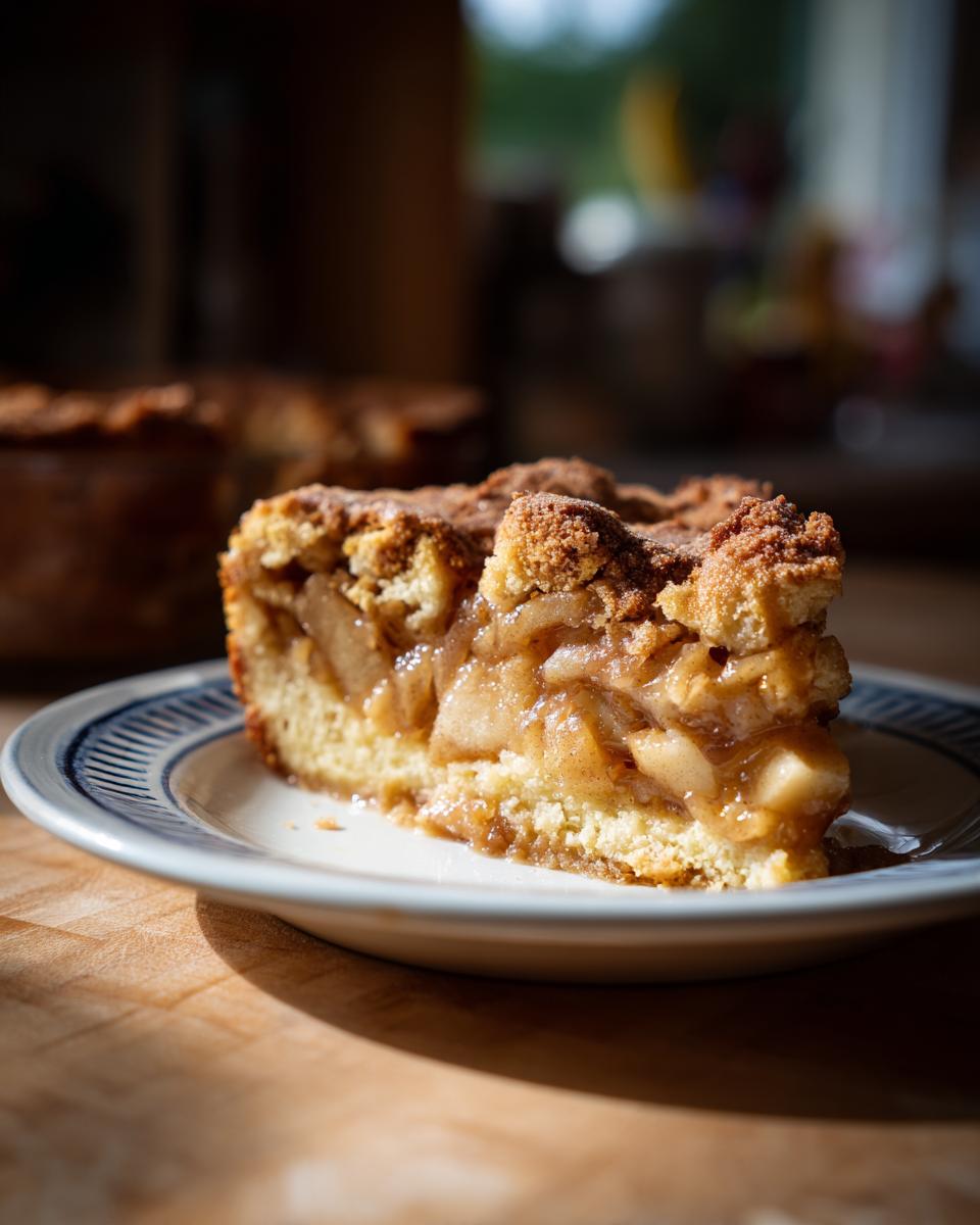 A close-up of a slice of delicious apple pie dump cake on a plate, featuring tender apples and a crumbly topping.