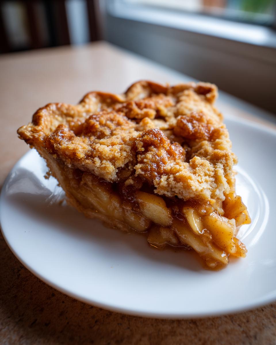 A close-up view of a slice of apple pie dump cake on a white plate, showcasing the flaky crust and apple filling.