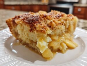 Close-up of a slice of warm apple pie dump cake on a white plate, showcasing tender apple slices and a crumbly topping.