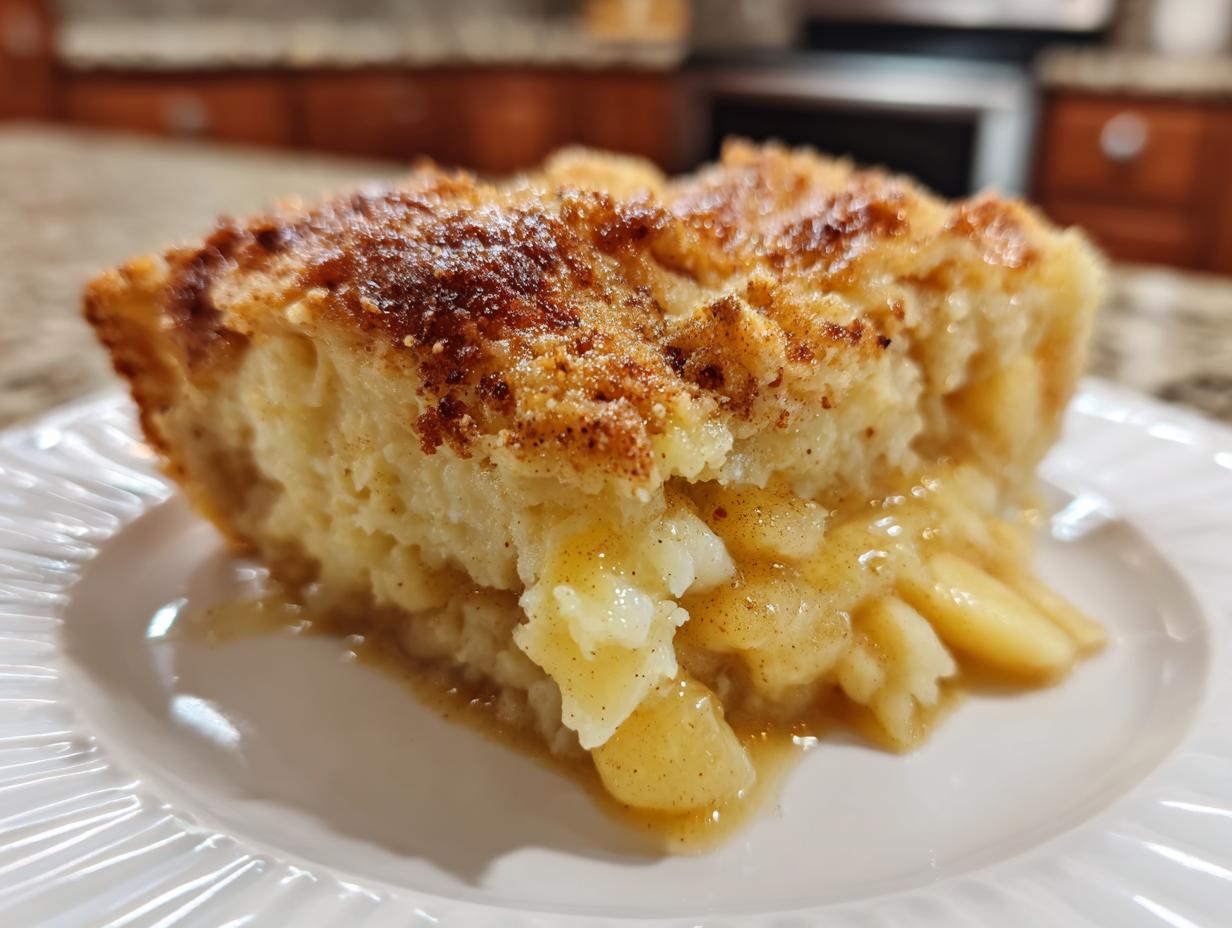 Close-up of a slice of warm apple pie dump cake on a white plate, showcasing tender apple slices and a crumbly topping.