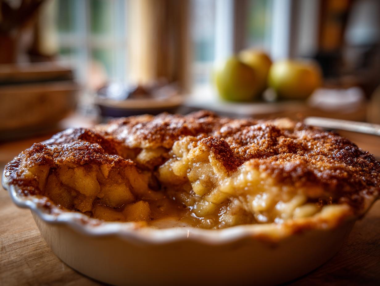Close-up of a freshly baked Apple Snickerdoodle Dump Cake with a bubbly, golden-brown topping.