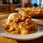 A close-up of a serving of Apple Snickerdoodle Dump Cake topped with a scoop of vanilla ice cream.