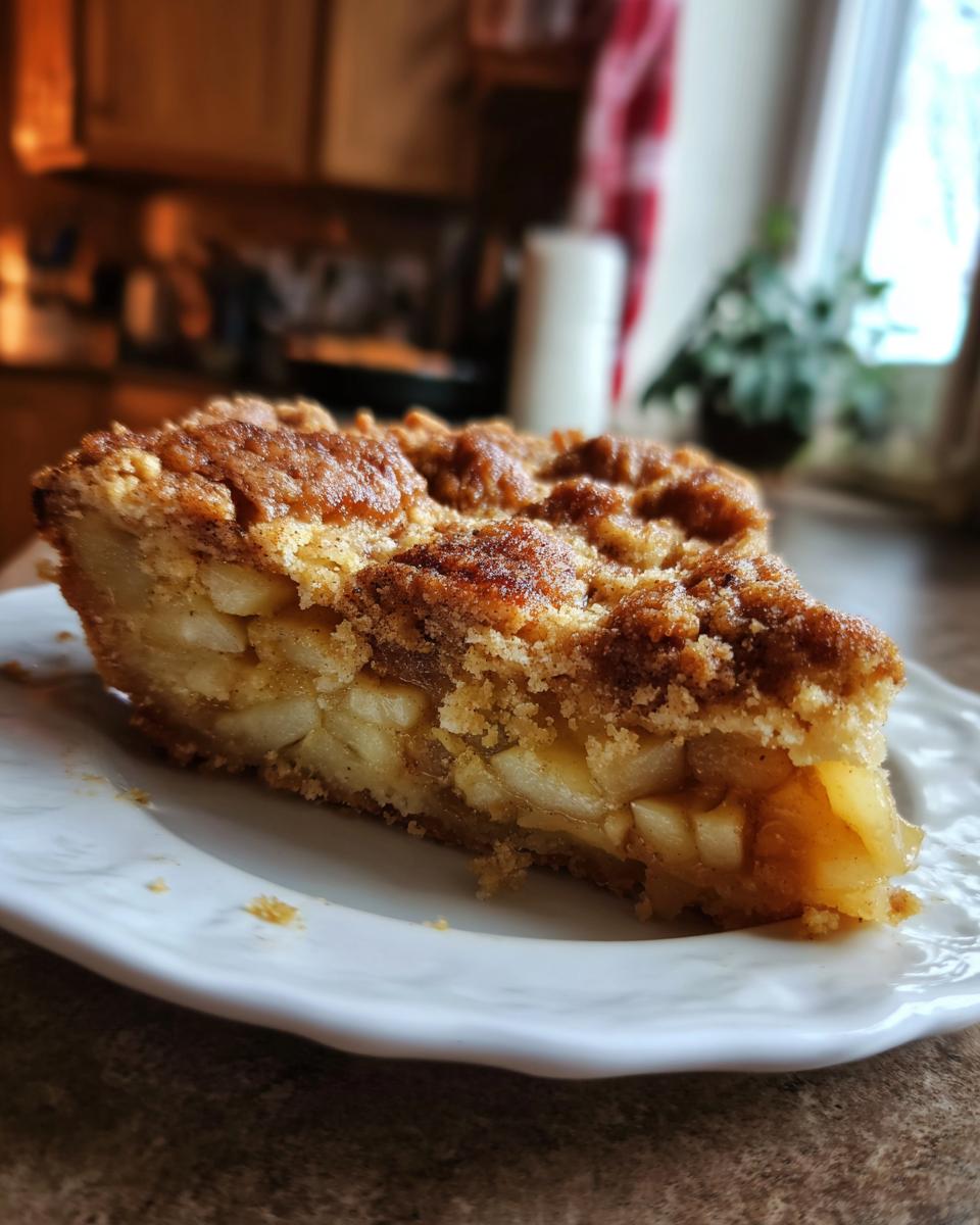 A slice of Apple Snickerdoodle Dump Cake on a white plate, showing tender apple filling and a cinnamon streusel topping.