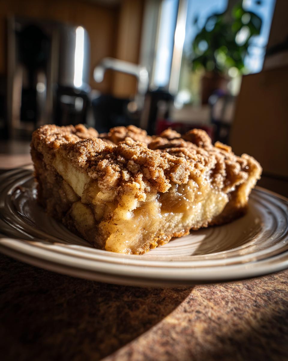 A close-up of a slice of Apple Snickerdoodle Dump Cake on a plate, showing the gooey apple filling and cinnamon streusel topping.