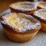 Close-up of delicious baby lemon impossible pies dusted with powdered sugar on a white plate.