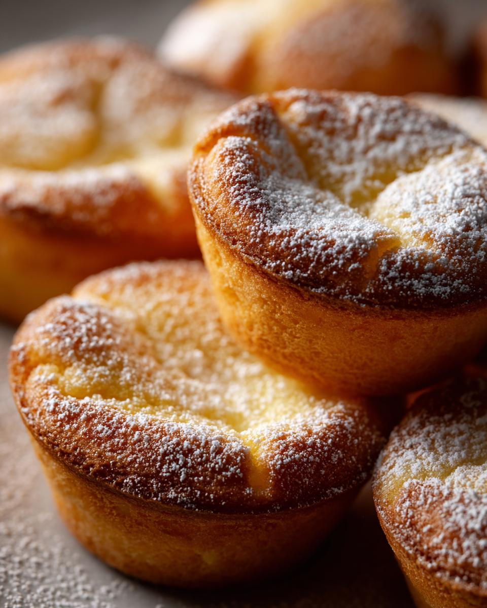 A close-up of several golden-brown baby lemon impossible pies dusted with powdered sugar.