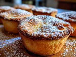 Close-up of freshly baked baby lemon impossible pies dusted with powdered sugar.