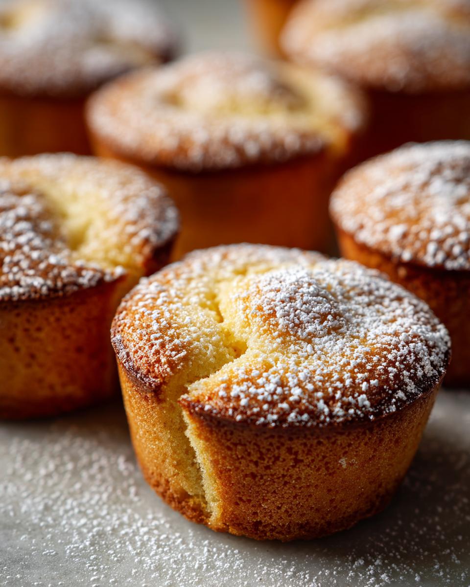 Close-up of baby lemon impossible pies dusted with powdered sugar.