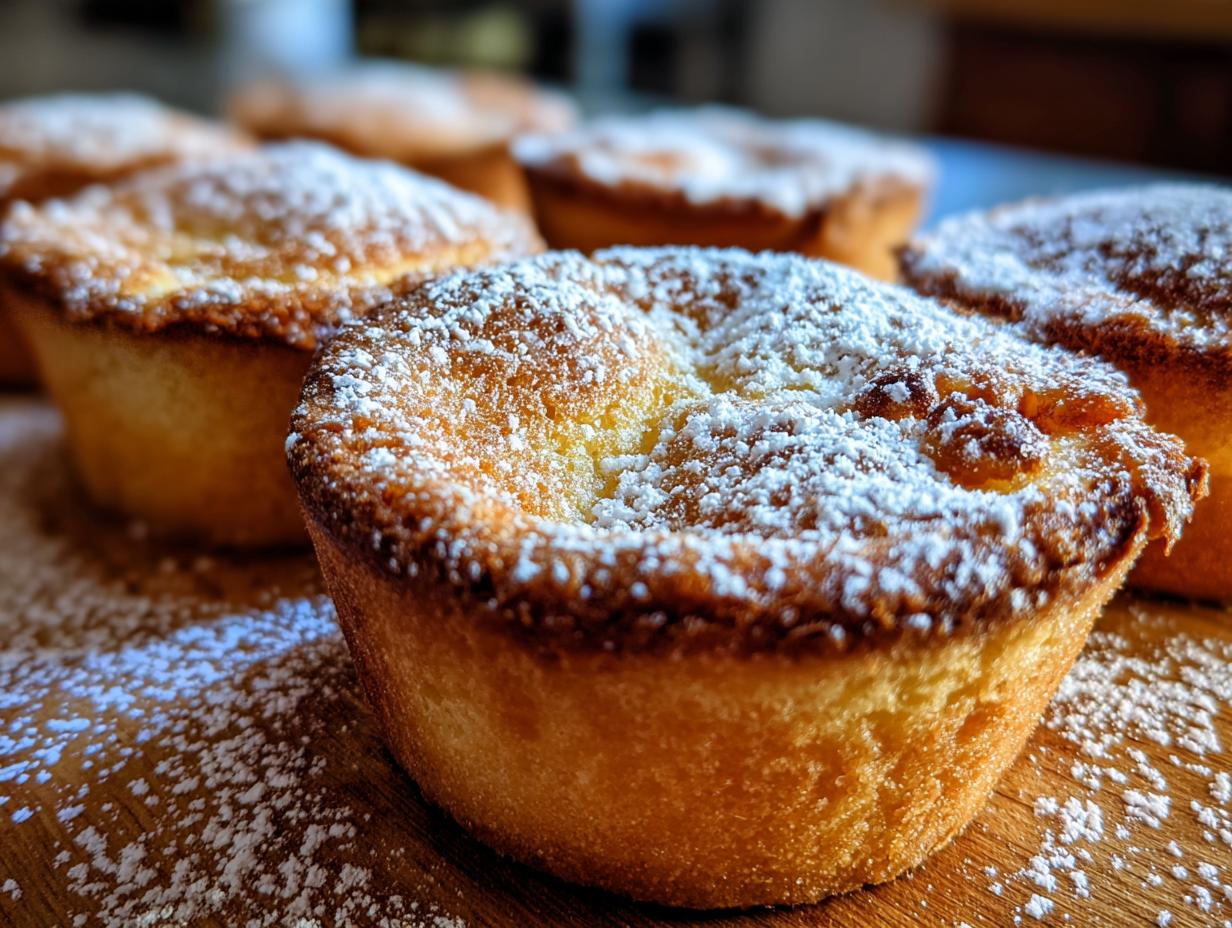Close-up of freshly baked baby lemon impossible pies dusted with powdered sugar.