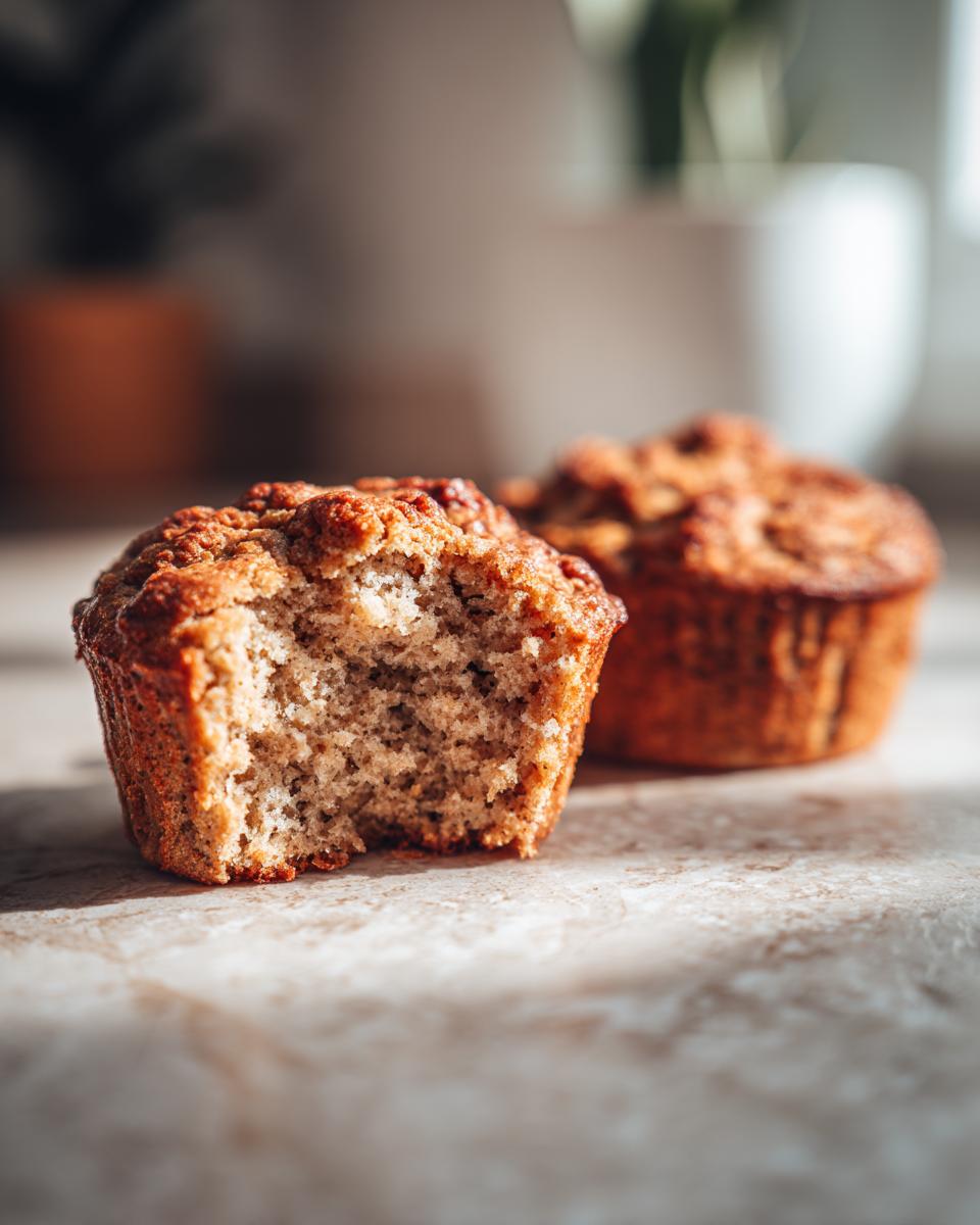 Close-up of a delicious banana protein muffin with a bite taken out, showing its fluffy texture.