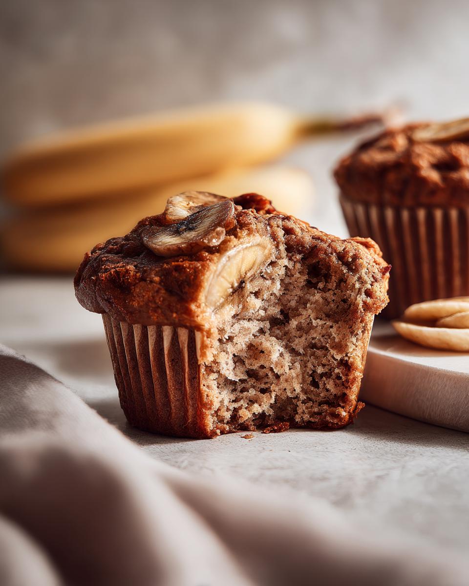 Close-up of a banana protein muffin with a bite taken out, topped with banana slices.