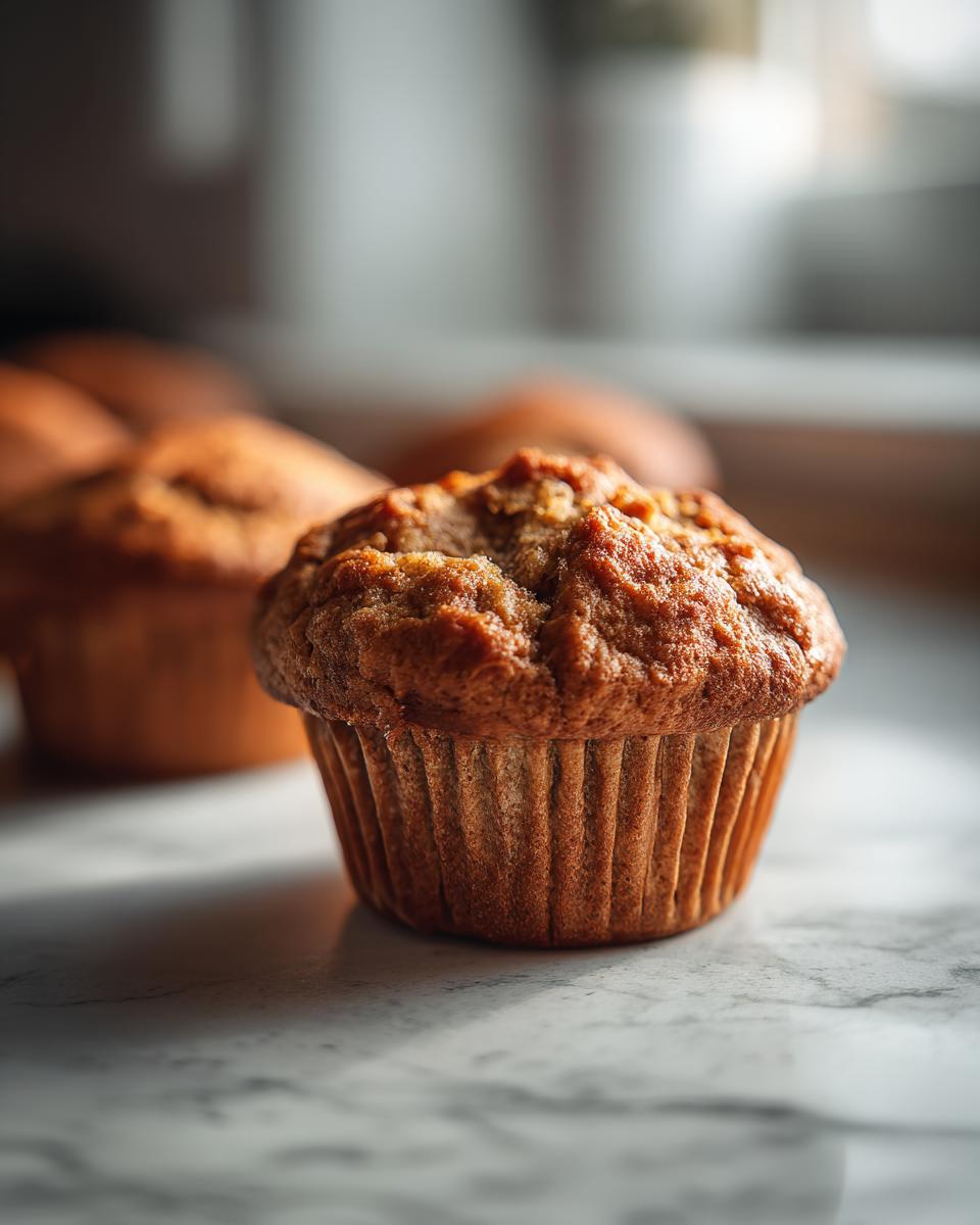 Close-up of a golden-brown banana protein muffin in a fluted paper liner, with more muffins blurred in the background.