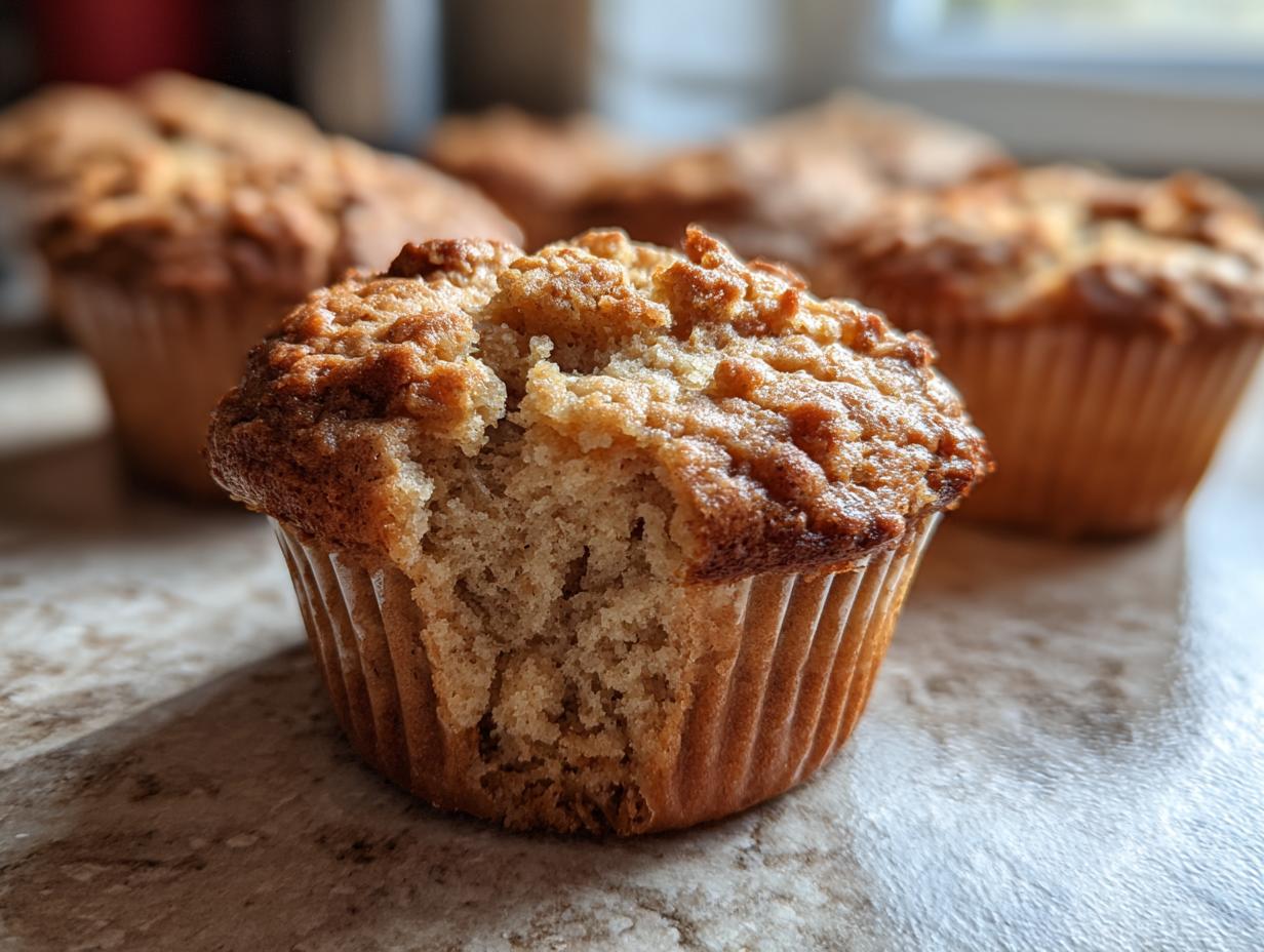 Close-up of a delicious banana protein muffin with a bite taken out, showing its fluffy texture and crumble topping.