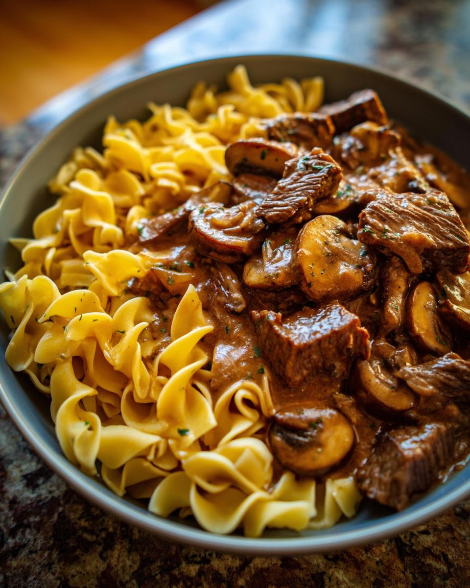 A close-up of a bowl of beef stroganoff with tender beef chunks, mushrooms, and creamy sauce served over egg noodles.