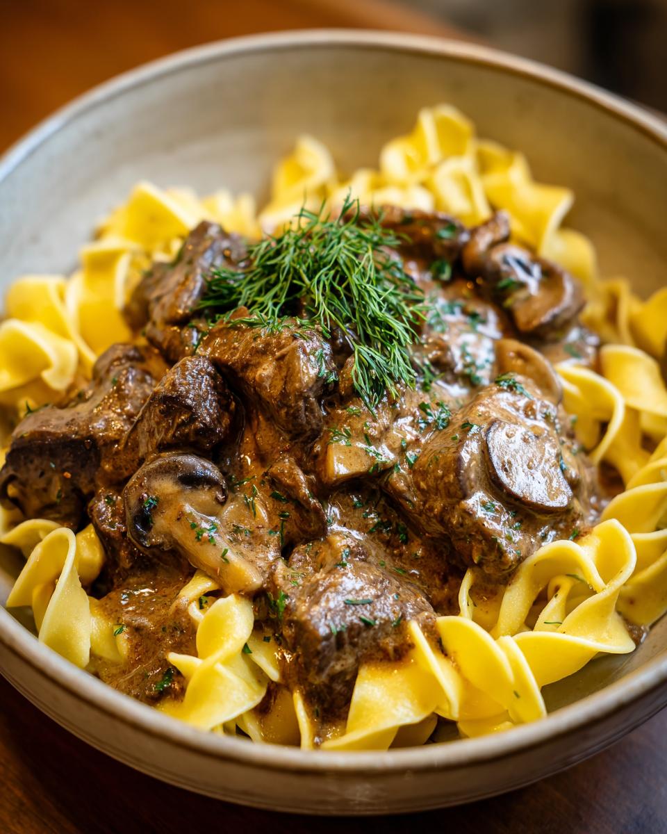 A close-up of a bowl of delicious Beef Stroganoff served over wide egg noodles, garnished with fresh dill.
