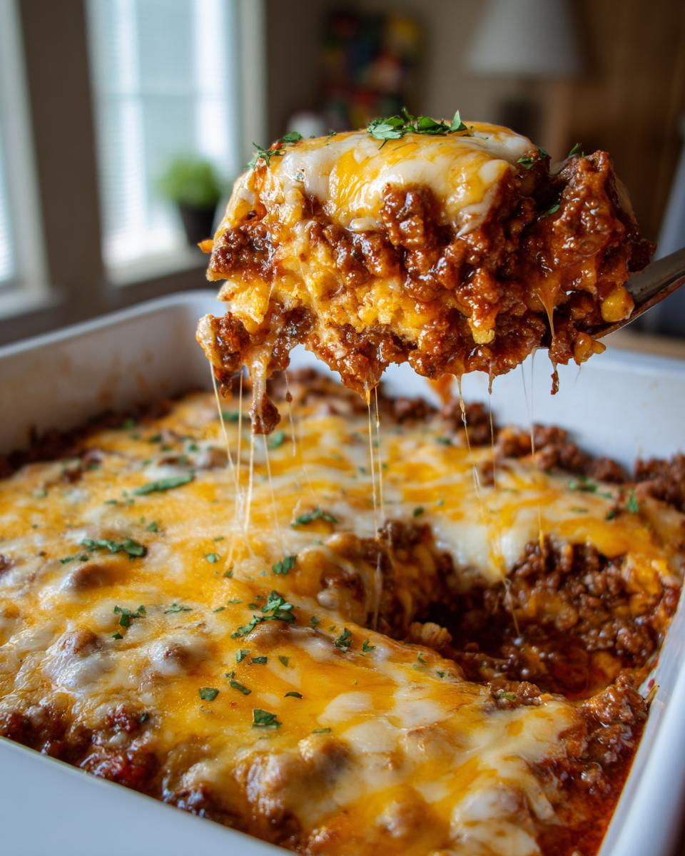 A scoop of cheesy Beef Taco Casserole being lifted from a baking dish, showing layers of seasoned ground beef and melted cheddar cheese.
