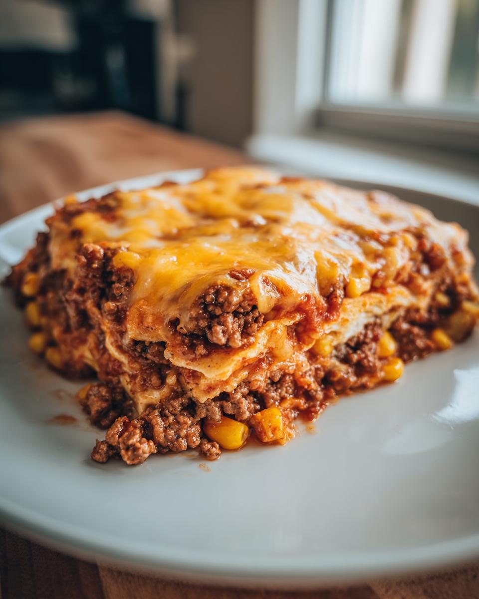 A generous slice of beef taco casserole on a white plate, featuring layers of seasoned ground beef, corn, and melted cheese.