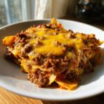 A close-up of a hearty slice of beef taco casserole, featuring layers of seasoned ground beef, tortillas, and melted cheddar cheese.