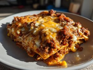 Close-up of a layered Beef Taco Casserole with melted cheese and seasoned ground beef.