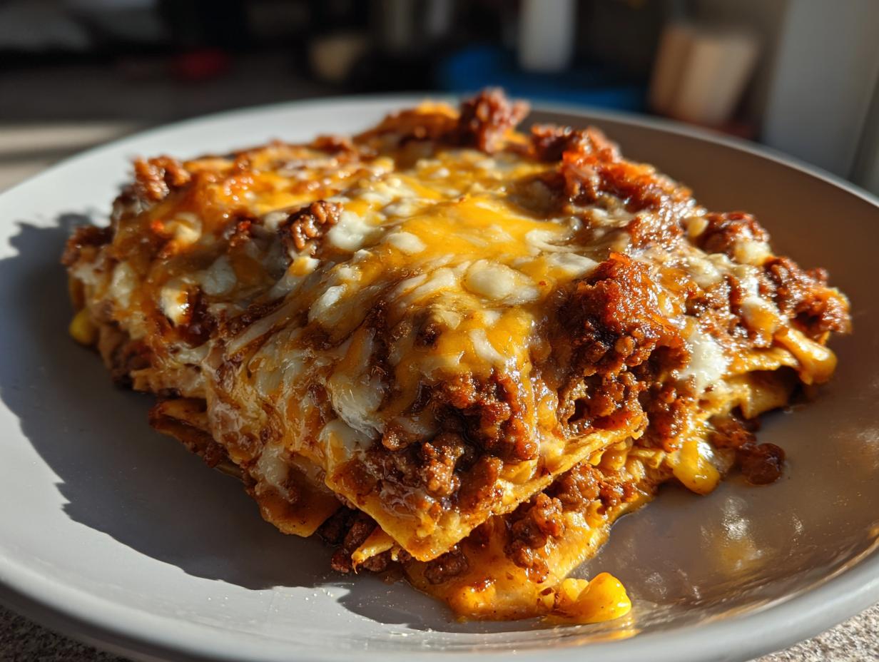 Close-up of a layered Beef Taco Casserole with melted cheese and seasoned ground beef.