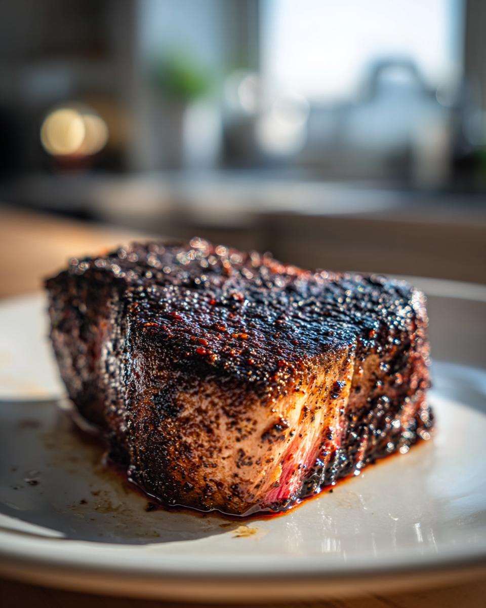 Close-up of a perfectly cooked Blackened Tuna Steak with a dark, spicy crust and a pink, flaky interior.