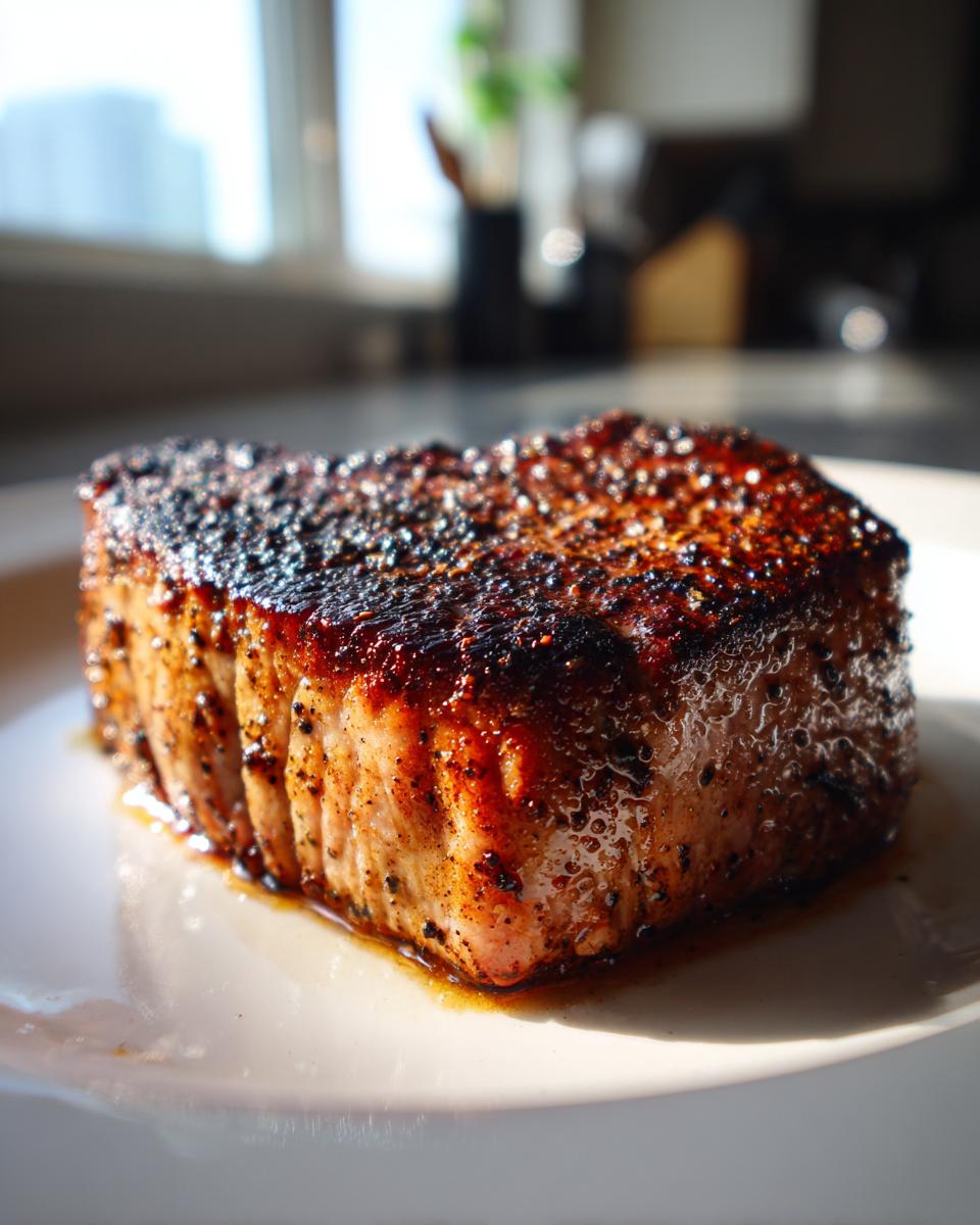 A close-up of a thick, juicy Blackened Tuna Steak seasoned with Cajun spices, resting on a white plate.