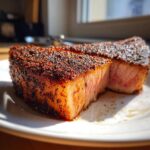 A perfectly cooked Blackened Tuna Steak, sliced to reveal a tender pink interior and a dark, spicy crust.