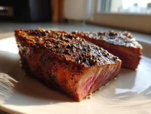 Close-up of a perfectly cooked Blackened Tuna Steak, cut in half, showcasing its pink interior and seasoned crust.