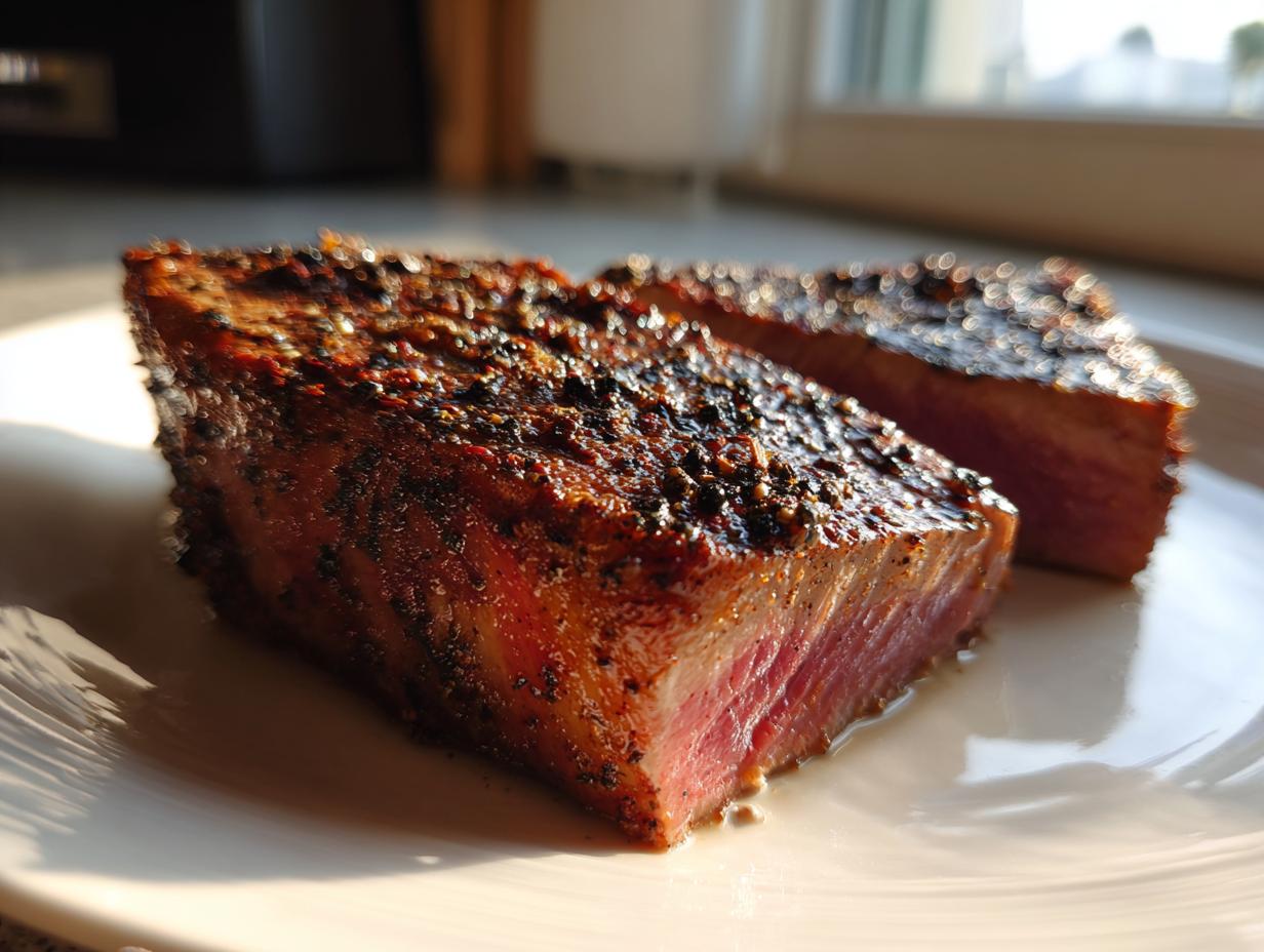 Close-up of a perfectly cooked Blackened Tuna Steak, cut in half, showcasing its pink interior and seasoned crust.